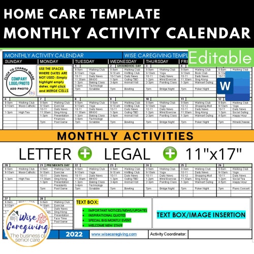 Senior Activity Calendar Home Care Template Senior Care Etsy Canada