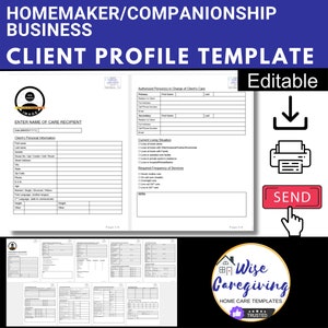 Client Profile Template for Homemaker and Companion Business, Home Care Business, Non Medical Caregiver Tasks, Editable Template, Printable image 1