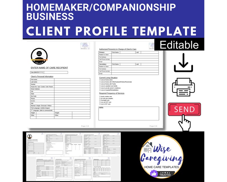 Client Profile Template for Homemaker and Companion Business, Home Care Business, Non Medical Caregiver Tasks, Editable Template, Printable image 1