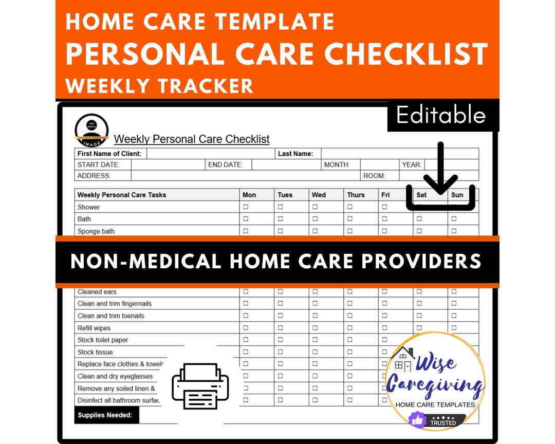 Personal Care Checklist Template, Home Care Log, Grooming Chart