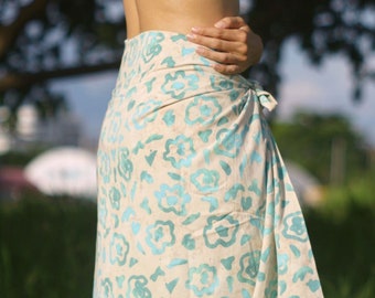 Batik Sarong Skirt for Beach - Ivory & Aqua - SUMMER BLOOM