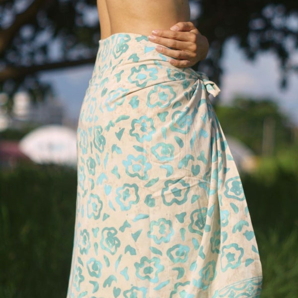 Batik Sarong Skirt for Beach - Ivory & Aqua - SUMMER BLOOM