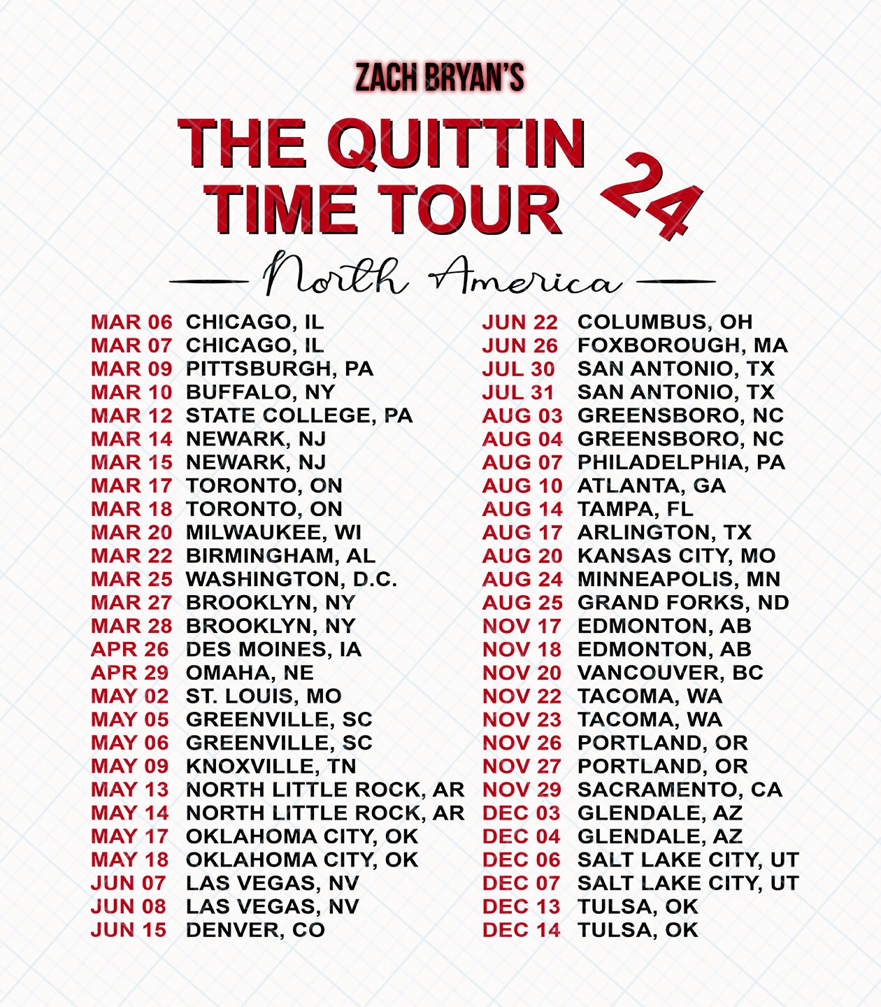 Zach Bryan Png, the Quittin Time Tour 2024 Png, Zach Bryan Tour 2024