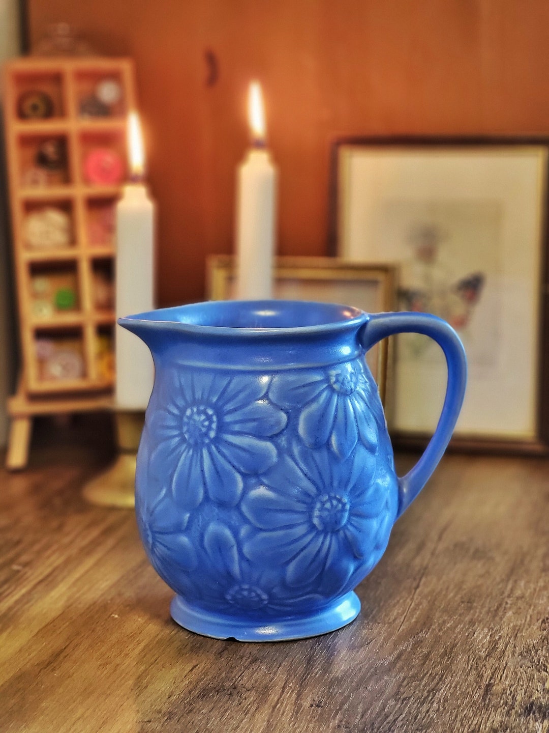 Blue Floral Jug Retro Vintage Home Decor Cottagecore Flower Etsy