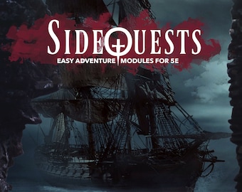 Könnte beinhalten: Ein Buchcover mit einem dunkelblauen und grauen Hintergrund, auf dem ein Schiffswrack im Meer zu sehen ist. Der Titel des Buches lautet "Sidequests: Easy Adventure Modules for 5e" und der Untertitel lautet "Wreckage of the Crimson Cove".