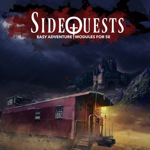 May include: A dark, stormy night scene with a red train car and the words "The Train Between Planes" in white text. The train car is on a dirt path with a castle in the background.