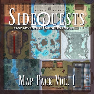 May include: A collage of maps for tabletop role-playing games. The maps are in a variety of styles, including a snowy forest, a town square, and a dungeon. The text "Sidequests Easy Adventure Modules for 5e Map Pack Vol. I" is at the top of the image.