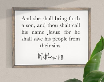 Matthew 1:21 Bible Verse Decor — Biblical Verses Decor, Framed Canvas Wall Decor, Background Color & Stain Options, FREE SHIPPING