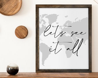 Let's See It All Map — Framed Canvas Wall Decor, Background Color & Stain Options, Wood Framed Canvas, Explorer and Camper Designs