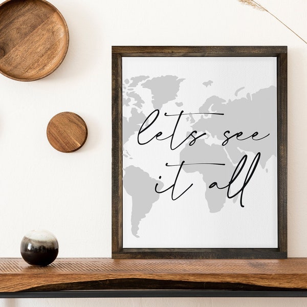 Let's See It All Map — Framed Canvas Wall Decor, Background Color & Stain Options, Wood Framed Canvas, Explorer and Camper Designs