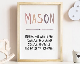May include: A framed print with the name "MASON" in colourful letters, along with its meaning and positive attributes. The print is displayed on a white surface, alongside a toy rocking horse, a bear-shaped basket, and a cloud-shaped light.