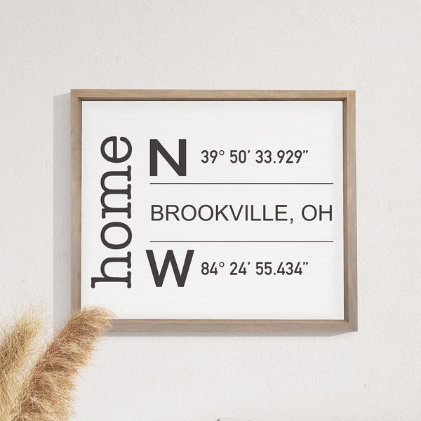 Custom Home Location Coordinates — Wood Framed Canvas Print Wall Decor, Background Color & Stain Options, Housewarming and Moving Gift