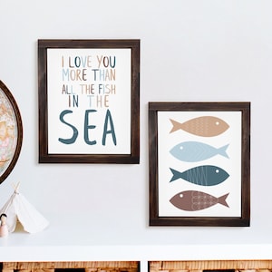 Love You More Than All The Fish in the Sea + Scandinavian Fish (2) Two Canvas Bundle — Nursery Above Crib Decor, Oceanic Theme Bedroom Decor