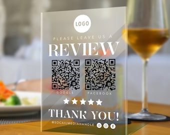 Please Leave Us A Review — Custom QR Code Acrylic Display, Easy Online Feedback, Acrylic Plaque with Clear Custom Stand, Restaurant Reviews