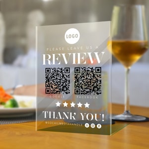 Please Leave Us A Review — Custom QR Code Acrylic Display, Easy Online Feedback, Acrylic Plaque with Clear Custom Stand, Restaurant Reviews