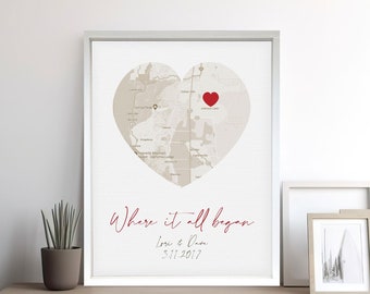 Engagement Map, Wedding Map, Custom Location, Anniversary Gift, Valentine's Day Gift, Personalized Wood Framed Canvas print, Wedding Gift