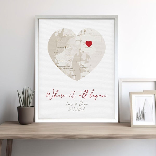 Engagement Map, Wedding Map, Custom Location, Anniversary Gift, Valentine's Day Gift, Personalized Wood Framed Canvas print, Wedding Gift
