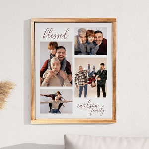 Blessed Custom Family Collage, Four Photo Canvas Print Collage, Keepsake, Custom Font & Background Color + Frame Stain, Mothers Day Gift