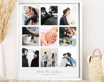 May include: A white framed collage of nine photos featuring a couple. The photos show the couple in various settings, including a coffee shop, a park, and a forest. The collage is titled "Mr. & Mrs. Williams" and the date "October 27th, 2022" is printed below the title.
