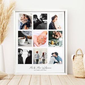 May include: A white framed collage of nine photos featuring a couple. The photos show the couple in various settings, including a coffee shop, a park, and a forest. The collage is titled "Mr. & Mrs. Williams" and the date "October 27th, 2022" is printed below the title.