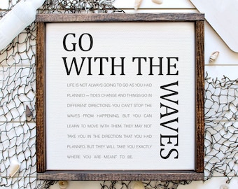 Go With The Waves — Framed Canvas, Motivational Inspirational Decor, Office Wall Decor, Uplifting Quotes, Beach House Sign