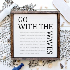 Go With The Waves — Framed Canvas, Motivational Inspirational Decor, Office Wall Decor, Uplifting Quotes, Beach House Sign
