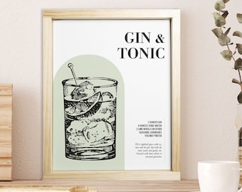 Gin & Tonic Recipe — Bar Decor, In Home Bar Kitchen Sign, Framed, Unframed, or Rope board on Canvas Wall Decor, Trendy Wall Hanging