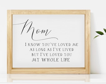 May include: A framed wood sign with the word "Mom" in cursive script and the text "I know you've loved me as long as I've lived but I've loved you my whole life".