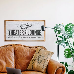 Personalized Theater and Lounge Sign, Framed White Wood Textured Background Print on Canvas, Basement, Family Game Room & Home Theater Decor