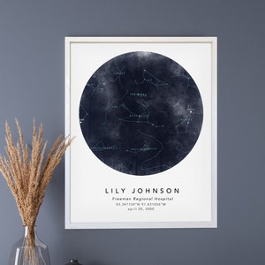 Toile La nuit de votre naissance : impression anniversaire céleste personnalisée, toile encadrée signes astrologiques, cadeau pour bébé, coordonnées et signe de la carte du ciel