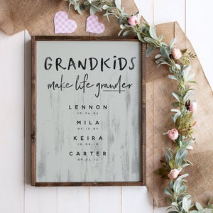 Grandkids Make Life Grander Personalized Framed Canvas, Many Sizes Colors and Stain Options, Christmas Gift