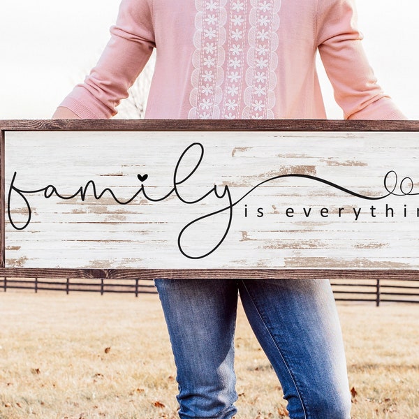 Family is Everything — Framed Faux Plank Background on wood wall hanging, Large Hand Framed Dining Room Wall Decor