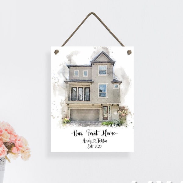 Watercolor Effect House Print, Our First Home Portrait, Watercolor house painting on Canvas, Wood frame, unframed or rope board options