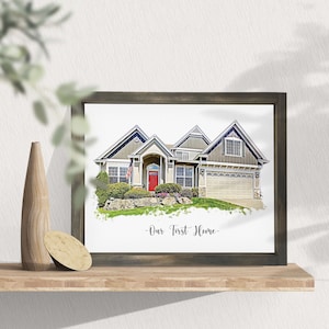 May include: A watercolor illustration of a two-story house with a red door and a garage. The house is surrounded by green grass and bushes. The text "Our First Home" is written below the house.