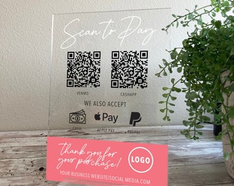Scan Here To Pay — QR Code Custom Acrylic Business Display, Online Payment Display, Venmo/ Cashapp Acrylic Plaque with Clear Custom Stand