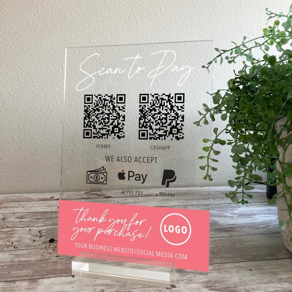 Scan Here To Pay — QR Code Custom Acrylic Business Display, Online Payment Display, Venmo/ Cashapp Acrylic Plaque with Clear Custom Stand