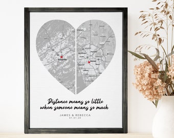 Long Distance Relationship Gift - Two Map Heart, Valentine's Day Present, Custom Location, Personalized Wood Framed Canvas print, LDR Gift