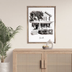 Our First Home Portrait, Pencil Sketch Effect on Canvas, Drawing of House, Wood Framed Canvas Wall Art
