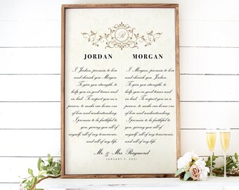 Fully Customizable Wedding Vows Print on wood framed Canvas, Wedding Monogram, Traditional Wedding Vows