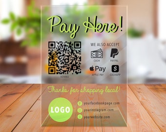 Pay Here — QR Code Custom Acrylic Business Display, Small Business Online Payment Display, Venmo Acrylic Plaque with Clear Custom Stand