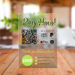 Pay Here — QR Code Custom Acrylic Business Display, Small Business Online Payment Display, Venmo Acrylic Plaque with Clear Custom Stand