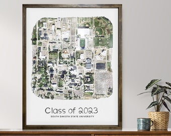 May include: A framed print of a watercolor map of South Dakota State University with the text "Class of 2023" and "South Dakota State University" below the map.