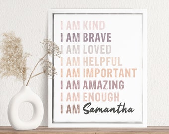 Custom Name Canvas - Kids Affirmation Art, I am Enough, Kid&#39;s Bedroom Personalized Wall Hangings, Think Positive, Graduation gift