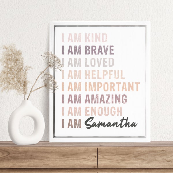 Custom Name Canvas - Kids Affirmation Art, I am Enough, Kid's Bedroom Personalized Wall Hangings, Think Positive, Graduation gift