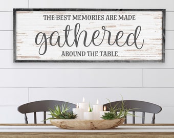 The Best Memories Are Made Gathered Around the Table — Large Dining Room Wall Decor, Framed Wood Farmhouse Decor, Wood Plank Texture on Wood