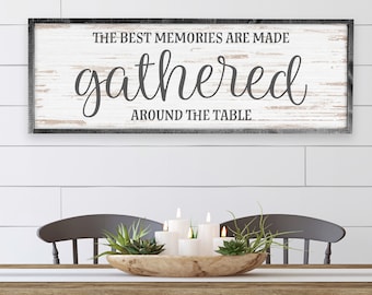 May include: A white wooden sign with black lettering that reads "The best memories are made gathered around the table". The sign is hanging on a white shiplap wall above a wooden table with four black chairs. There are candles and succulents in a wooden bowl on the table.