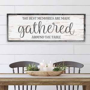 The Best Memories Are Made Gathered Around the Table — Large Dining Room Wall Decor, Framed Wood Farmhouse Decor, Wood Plank Texture on Wood
