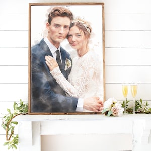 Wedding Couple Portrait Watercolor Effect Print on Canvas, Bridal Shower Gift, Wedding Gift, Wood Framed Canvas Print, Anniversary Decor