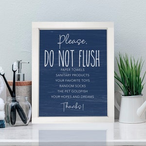 Please Do Not Flush — Faux Textured Background, Framed Canvas Print, Funny Bathroom Rules, Bathroom Humor Decor, Multiple Background Colors