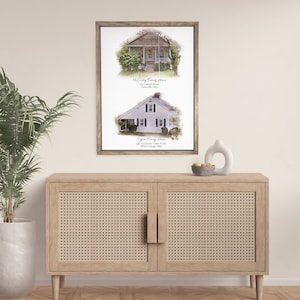 House Portrait Collage - 2 photos, Watercolor or Oil Effect on Wood Framed Canvas, Housewarming Gift, Realtor Gift